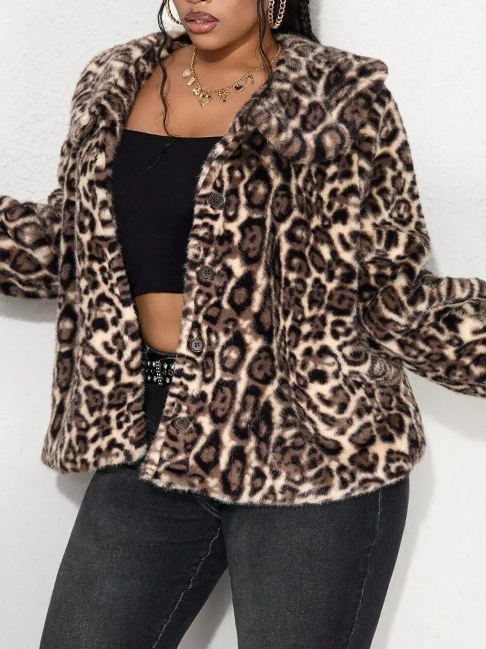 Brown Grunge Women's Loose Fuzzy Zip-Open Long Sleeve Jacket